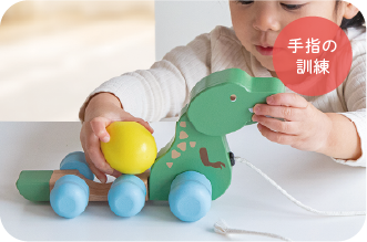 こどもが「がおがおくるくる」の恐竜の背中に卵を載せている