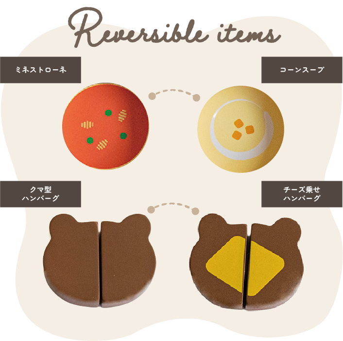 リバーシブルのスープ（ミネストローネ、コーンスープ）とハンバーグ（クマ型ハンバーグ、チーズのせハンバーグ