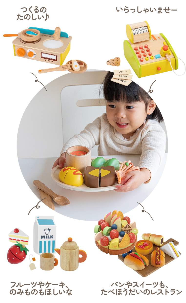 キッチンで作る、レジで「いらっしゃいませ」、フルーツや飲み物も欲しい、パンやスイーツもある食べ放題のレストランなど