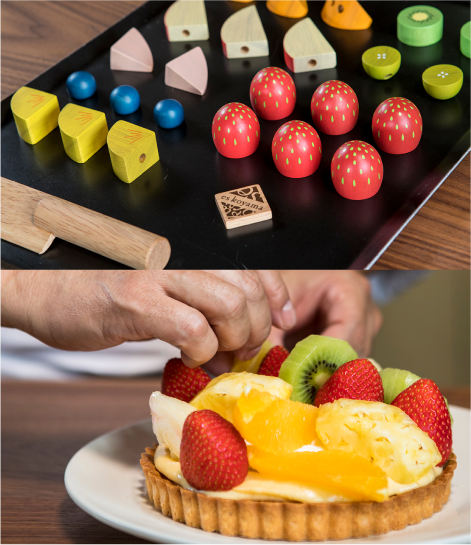 ＜上：カスタードクリームとの比較＞＜下：小山シェフによるデコレーション＞